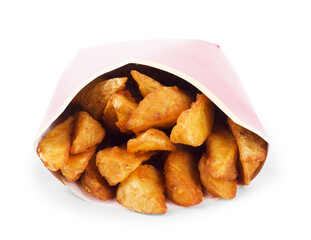 Tasty potatoes closeup on white background