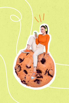 Exclusive magazine picture sketch collage image of happy positive lady enjoying songs sitting huge cookie isolated painting background