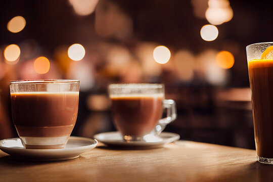 Two cups of hot coffee in a cozy coffee shop. A relaxing afternoon coffee time.