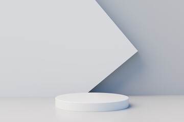 Geometric step white pedestal podium platform for cosmetic product presentation.Mock up design empty space. 3d illustration