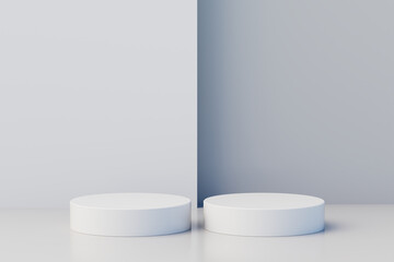 Geometric step white pedestal podium platform for cosmetic product presentation.Mock up design empty space. 3d illustration