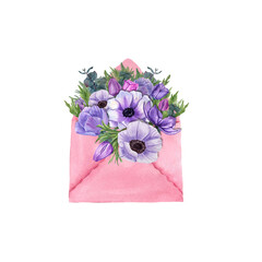 A bouquet of watercolor anemone in a pink envelope. Illustration isolated on white background. For Save the date, Valentine's day, birthday and mother's day cards, wedding invitation, postcard, decor