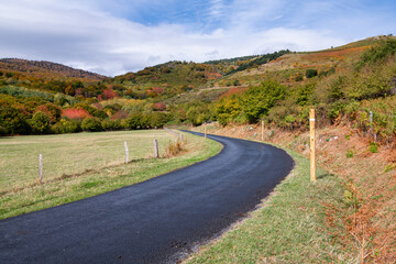 Road curves through green fields towards mountains in autumn colors in the French Pyrenees