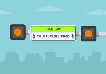 Traffic regulations and tips. Close-up view of a "Yield to pedestrians" state road sign with flash lights. Flat vector illustration template.
