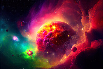 fantastic space background with planets and stars in super vibrant colors and high saturation