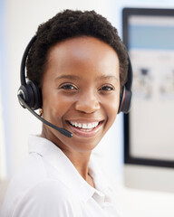 Portrait, happy or call center black woman for telemarketing success, customer support or contact...