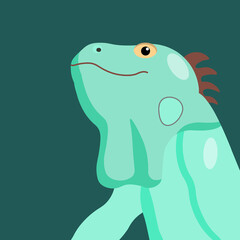 Green iguana cartoon character on dark green background, vector isolated