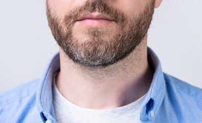 Obraz premium closeup photo of bearded man with beard. bearded man with beard wearing casual shirt.