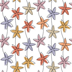 Obraz premium Linear flowers seamless pattern. Abstract floral line vector illustration. Botanical outline backdrop. Wallpaper, background, fabric, textile, print, wrapping paper or package design.