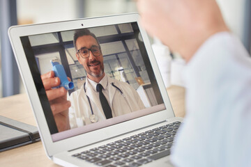 Asthma, laptop and doctor consulting in video call for telehealth service, advisory and virtual...