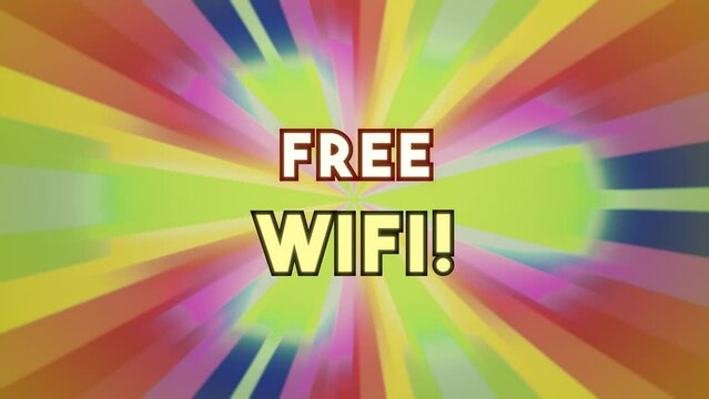 Decoding a text message over a colorful moving rays background: free wifi.
