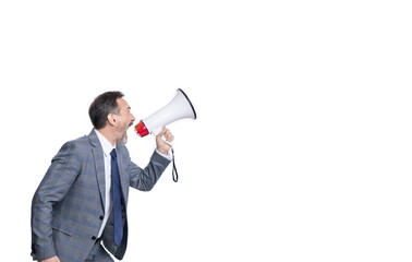 photo of businessman shouting in loudspeaker. businessman shouting in loudspeaker.