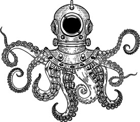 Illustration of vintage diver helmet with octopus tentacles. Design element for poster, card, t shirt. Vector illustration © liubov