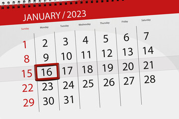 Calendar 2023, deadline, day, month, page, organizer, date, january, monday, number 16