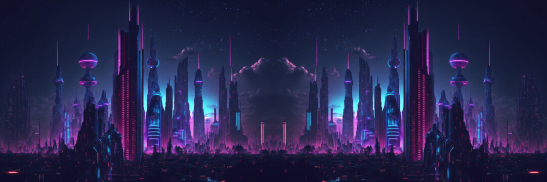 Science fiction neon city night panorama of dark futuristic sci-fi city lit with blight neon lights, generative ai