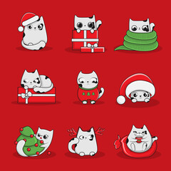 Collection of Christmas cats, Merry Christmas illustrations of cute cats with accessories like a knitted hats, sweaters, scarfs