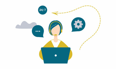 Customer service worker woman with headsets service or consult customers on computers.Hotline operator work 24/7, global online technical support, Call center, call processing system. Raster