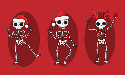 Collection of Christmas Illustration of a cute new year skeleton in a santa hat, Merry Christmas illustrations