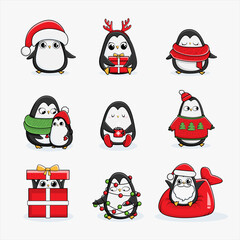 Collection of Christmas penguinsts, Merry Christmas illustrations of cute penguins with accessories like a knitted hats, sweaters, scarfs