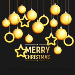 Christmas golden balls hanging on a golden ribbon, isolated on black background Realistic New Year 3d design. Festive Christmas decorations, hanging baubles.