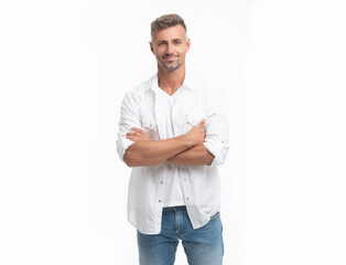 happy grizzled man in white shirt. grizzled man style. studio shot of grizzled man.