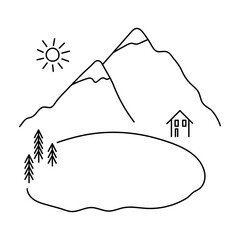 Landskape with mountain and trees line illustration. Tourism and outdoor recreation concept. Editable stroke. Isolated. Vector illustration.