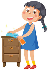 A girl spraying and wiping cabinet