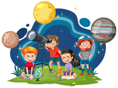 Kids observing planets with telescope