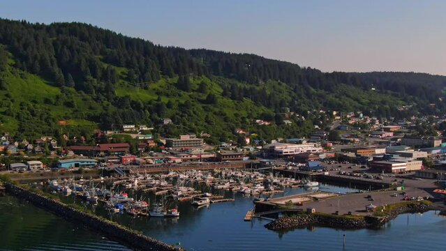 Juneau Port and Marina With Lush Green Mountain Hills And Waterfront Buildings In Juneau, Alaska. - aerial
