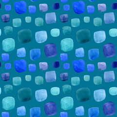 Watercolor seamless pattern with blue and green squares on blue green background. For fabric, sketchbook, wallpaper, wrapping paper.