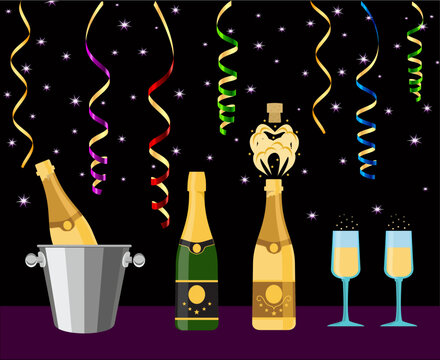 Party with champagne, serpentine and glasses on a black background. Champagne bottle in an ice bucket. vector illustration