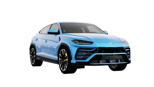 LAMBORGHINI URUS, 3d rendering of Lamborghini light blue car on PNG transparent background