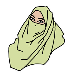 Young Arab woman with beautiful face in traditional fashion niqab head wear. Hand drawn isolated retro vintage isolated illustration. Old style school drawing.