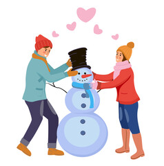Cute illustrations of Xmas couple making snowman together isolated on white background. Young man and woman having fun making snowman. Man and woman wintertime activities