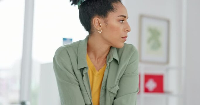 Black woman, anxiety and depression from stress, trauma and struggling with mental health while alone with fear or crisis. Sad female seeking help for problem or mistake while looking nervous