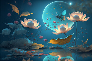 Naklejka na ściany i meble waterlily and moon in starry night , illustration