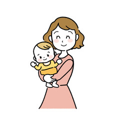 イラスト素材：赤ちゃんを抱っこする笑顔のお母さん　何かを見つけた表情のベビー(透過背景)
