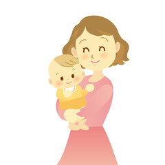 イラスト素材：赤ちゃんを抱っこし微笑み合うお母さんとかわいい赤ちゃん(透過背景)

