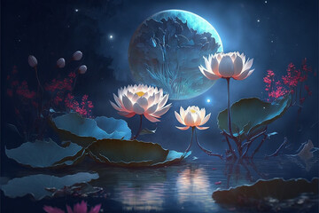 Obraz na płótnie Canvas waterlily and moon in starry night , illustration