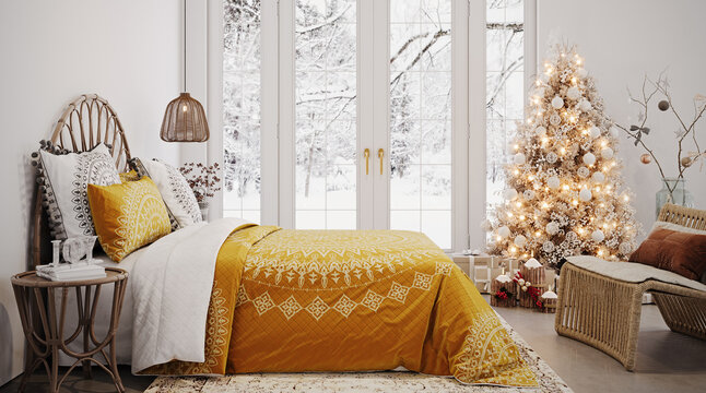 Bedroom with white Christmas tree and Christmas decoration 3D Rendering, 3D Illustration