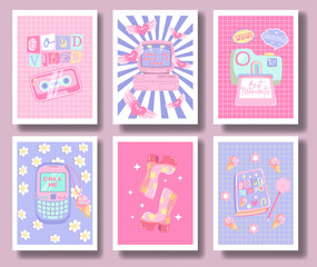 Collage of y2k style background vector. Set of lovely vibes wallpaper, pink color, camera, tape recorder, diary, good vibes. Trendy girly 90s, 2000s poster for banner, prints, decorative, cover.