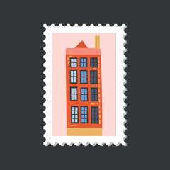 Amsterdam cozy and cute house postage stamp on a pink background.