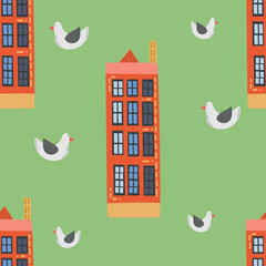 Architecture Amsterdam cozy and cute seamless pattern on a green background. Illustration for children book, banner, poster