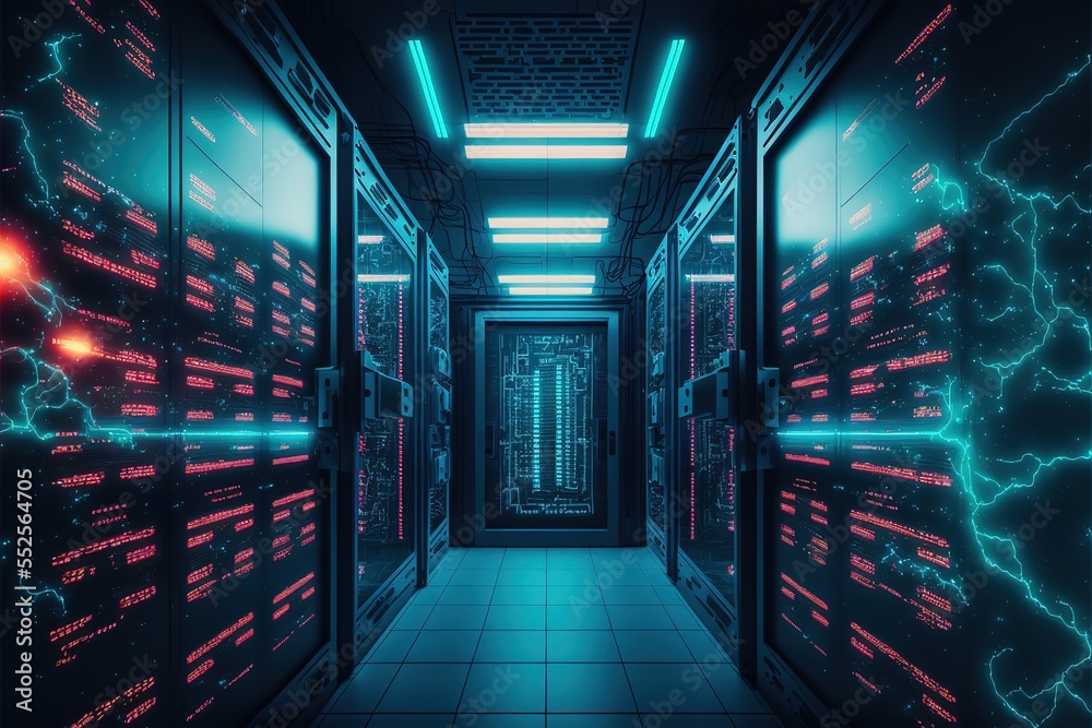 Poster Data center or server room with servers of information cloud storage. Server racks in a computer security network server room. AI