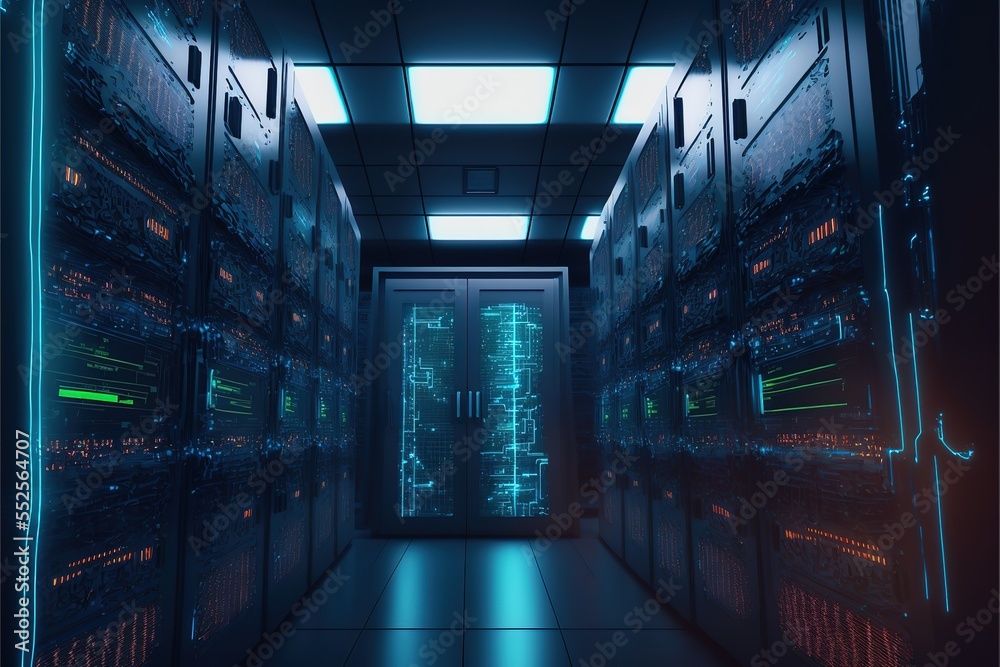 Aufkleber Data center or server room with servers of information cloud storage. Server racks in a computer security network server room. AI