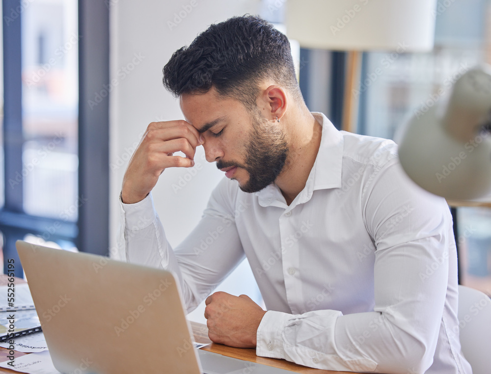 Poster headache, business man and work stress of a employee working on a computer glitch and audit. anxiety