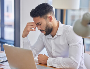 Naklejka premium Headache, business man and work stress of a employee working on a computer glitch and audit. Anxiety, fatigue and burnout of a accounting businessman with 404 problem on office laptop on tax website