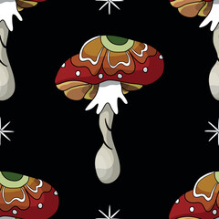 Seamless pattern in the shape of a mushroom. Different fly agarics. A pattern of fly agarics. A set of ingredients for a witch's potion. Cartoon style. Design for textiles.