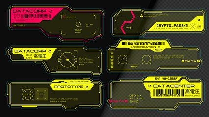 Cyberpunk decals set. Set of vector stickers and labels in futuristic style. Inscriptions and symbols, Japanese hieroglyphs for danger, attention, AI controlled, high voltage, warning. HUD Interface.