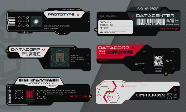 Cyberpunk decals set. Set of vector stickers and labels in futuristic style. Inscriptions and symbols, Japanese hieroglyphs for danger, attention, AI controlled, high voltage, warning.